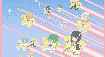 HD PC desktop wallpaper featuring chibi-style characters from the anime Kill La Kill flying with red beam trails against a clear blue sky.