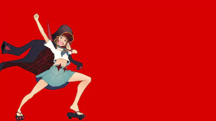 HD PC desktop wallpaper featuring Mako Mankanshoku from the anime Kill La Kill, striking an energetic pose against a bold red background.