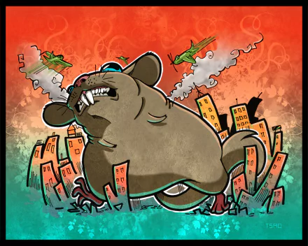 Artistic HD PC desktop wallpaper and background showing a colossal cartoon rat rampaging through a stylized city, helicopters and smoke against a red-to-green graffiti-style sky.