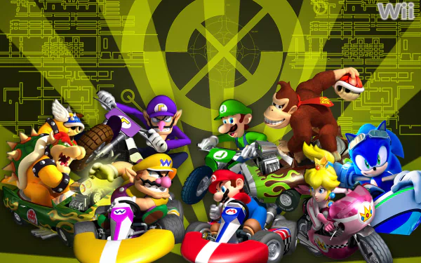 HD PC desktop wallpaper featuring characters from the video game Mario Kart Wii in their karts, ready to race on a vibrant, tech-inspired background.