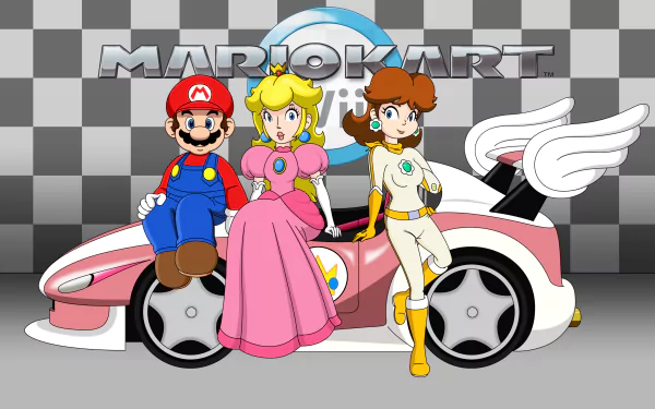 A vibrant HD wallpaper featuring Princess Peach alongside Mario and Daisy, set against a Mario Kart Wii background, showcasing their iconic racing style.