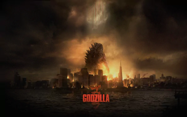 A dramatic HD wallpaper featuring Godzilla from the 2014 movie, showcasing the iconic creature amidst a backdrop of destruction and a smoky, apocalyptic skyline.