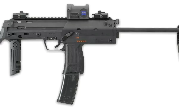 HD desktop wallpaper featuring a detailed side view of a man-made Heckler & Koch MP7 submachine gun against a plain white background.