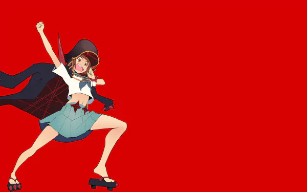 HD PC desktop wallpaper featuring Mako Mankanshoku from the anime Kill La Kill, striking an energetic pose against a bold red background.