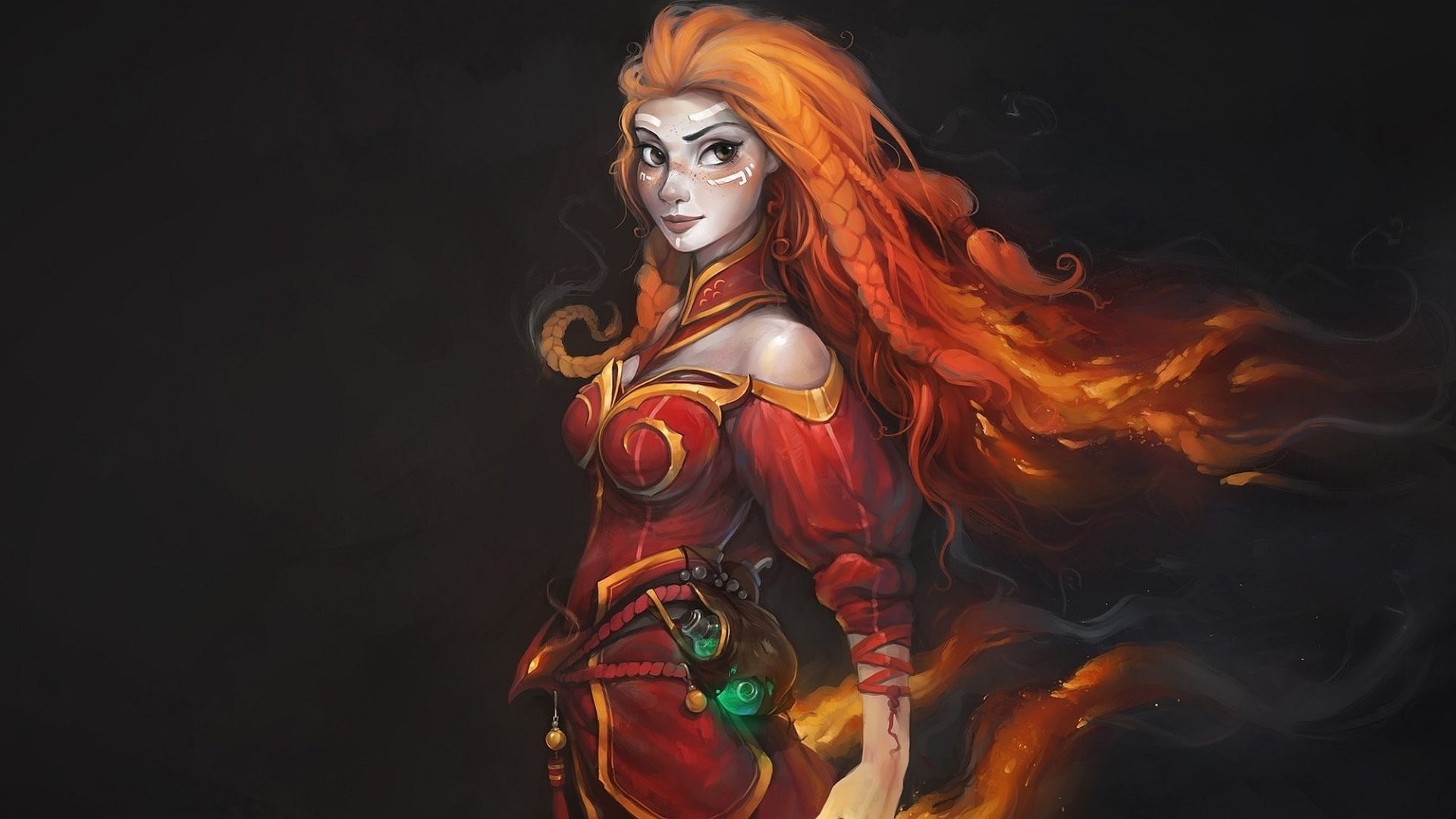 HD desktop wallpaper featuring a female character from DotA 2 with flowing red hair and a vibrant red outfit against a dark background.