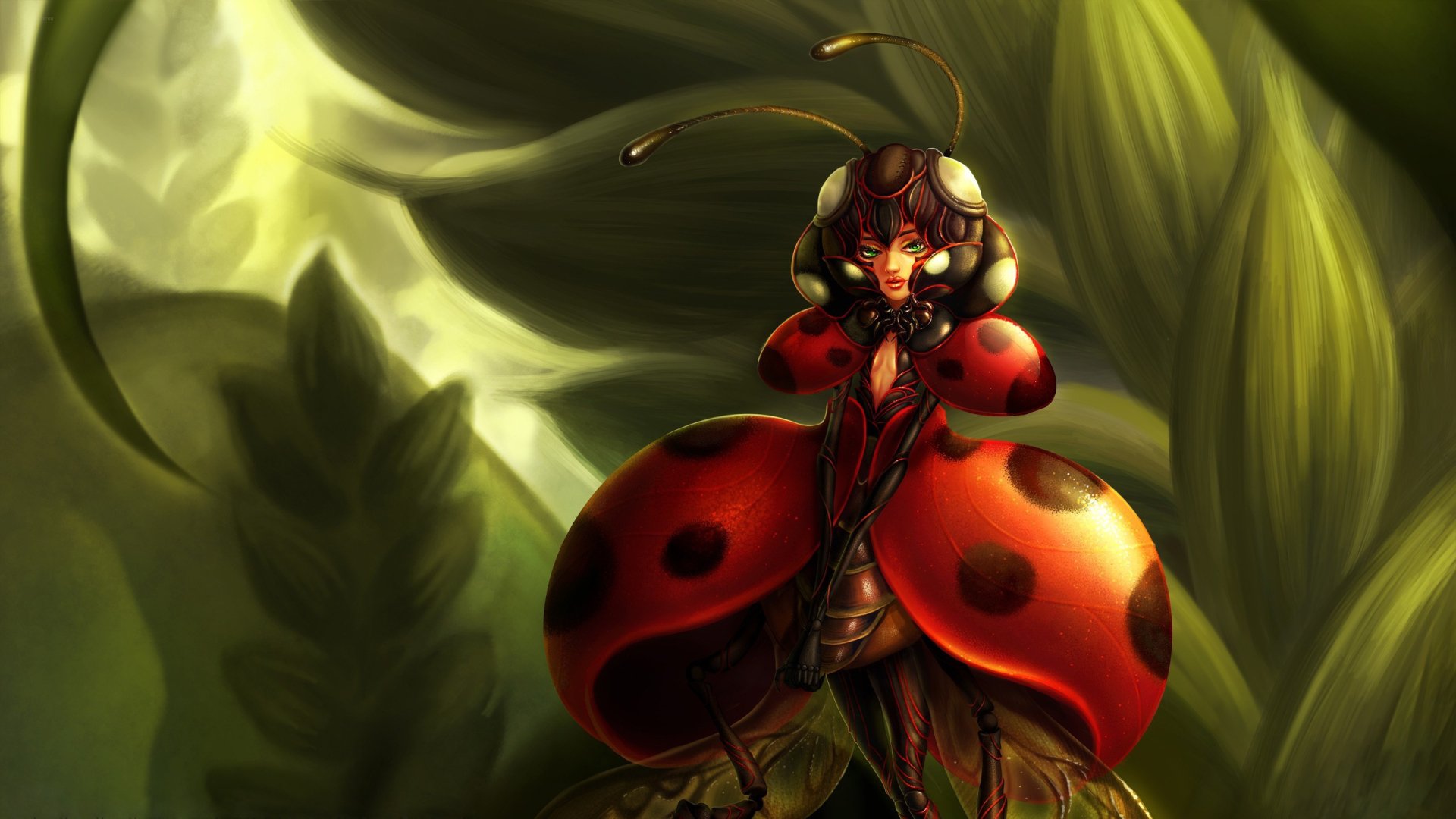 HD PC wallpaper featuring a fantasy ladybug creature with humanoid features perched on a lush green leaf, blending bug and imaginative design in vibrant detail.