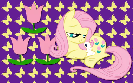 HD desktop wallpaper from the TV show My Little Pony: Friendship Is Magic featuring Fluttershy with pink tulips and yellow butterflies on a purple background.