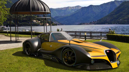 2014 Bugatti 12.4 Atlantique Concept Car showcased in a stunning lakeside setting, presented as a high-definition PC desktop wallpaper.