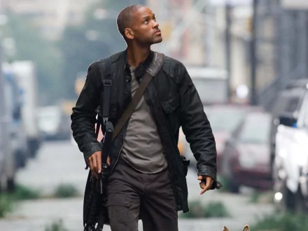 A powerful HD wallpaper from the movie *I Am Legend*, featuring the main character walking through an abandoned city street, exuding determination and resilience.