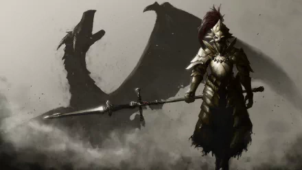 A HD desktop wallpaper featuring a knight in armor wielding a sword, standing boldly against a shadowy dragon from the video game Dark Souls II.