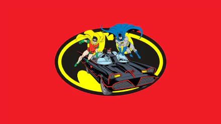 An HD wallpaper featuring Dick Grayson as Robin and Batman in the iconic Batmobile, set against a vibrant red background with the classic Batman emblem.