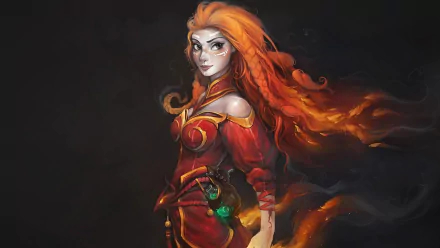 HD desktop wallpaper featuring a female character from DotA 2 with flowing red hair and a vibrant red outfit against a dark background.