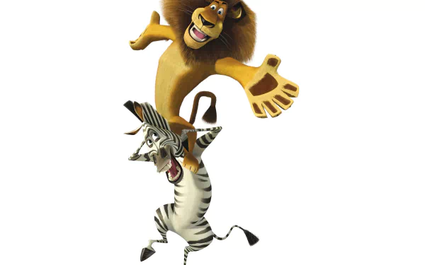 HD PC desktop wallpaper featuring animated characters Alex the lion and Marty the zebra from the Madagascar movie, set against a white background.