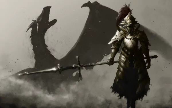 A HD desktop wallpaper featuring a knight in armor wielding a sword, standing boldly against a shadowy dragon from the video game Dark Souls II.