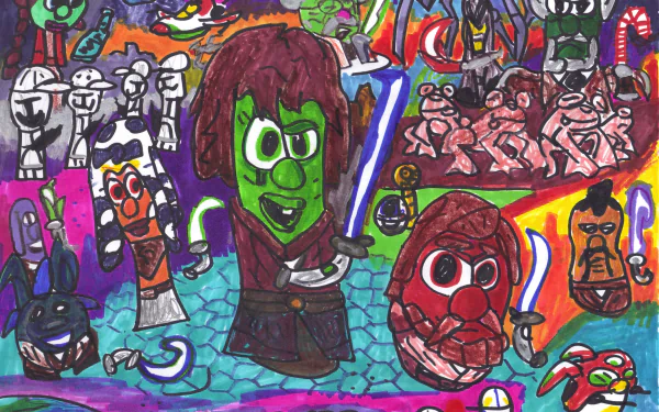 Colorful VeggieTales TV show scene of cartoon vegetables dressed as heroes and aliens in a dynamic action montage — 2K Quad HD PC desktop wallpaper/background.