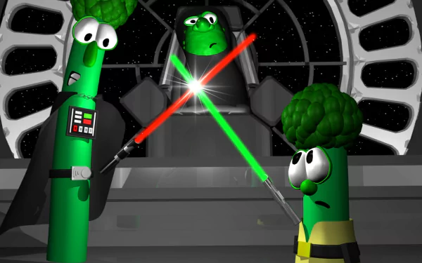 HD PC desktop wallpaper of TV show VeggieTales: three animated veggie characters aboard a spaceship clash with red and green lightsabers, one with a broccoli head hovering above.