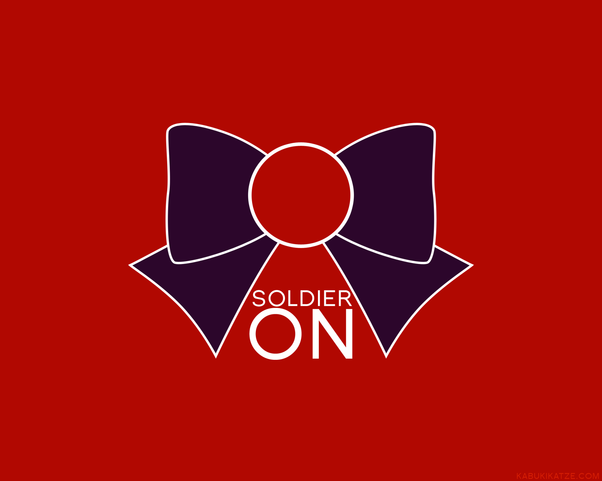 HD PC desktop wallpaper featuring a minimalist Sailor Moon-inspired dark bow on a red background with the text Soldier On beneath it.