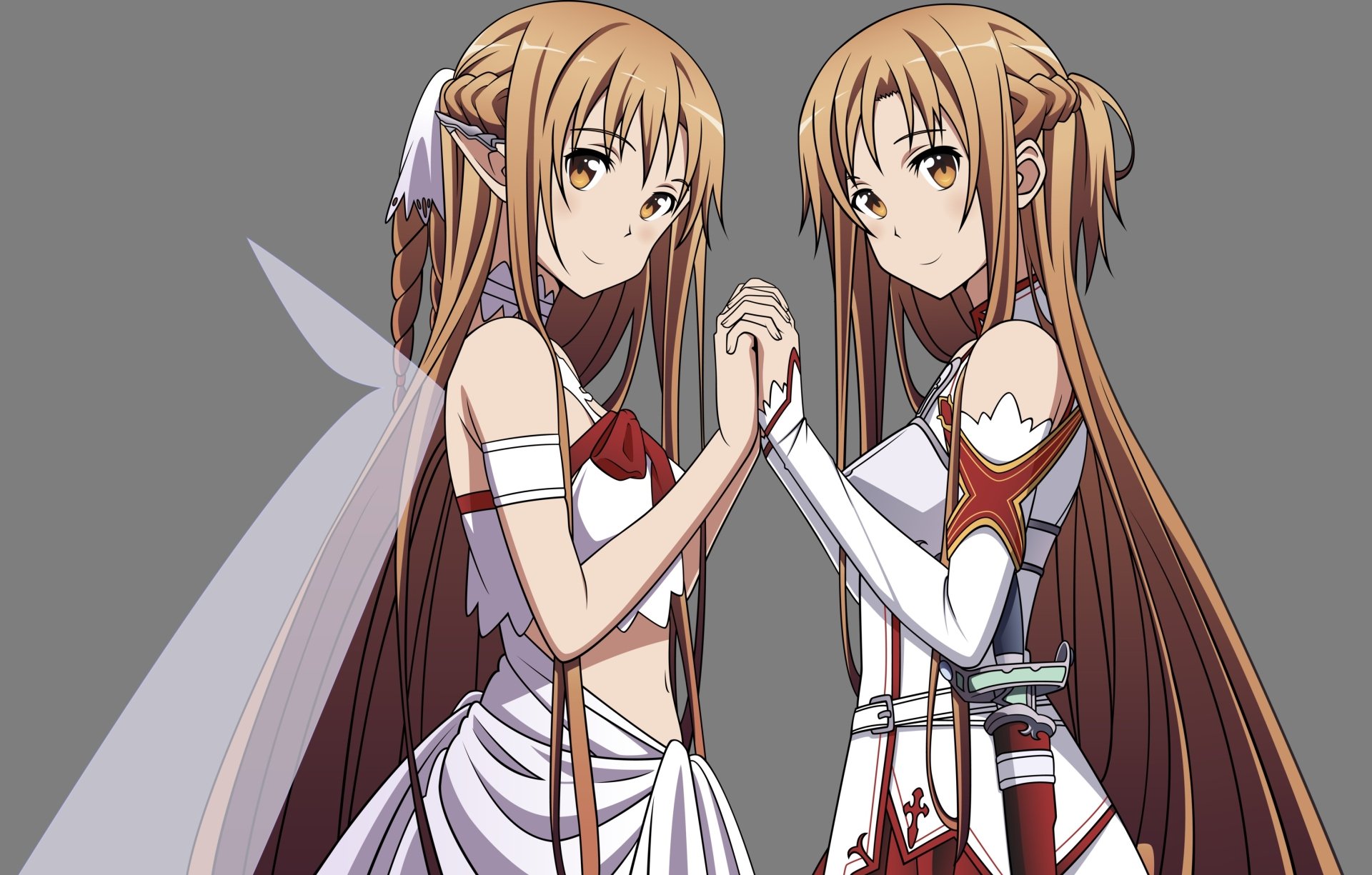 HD PC desktop wallpaper featuring Asuna Yuuki from the anime Sword Art Online, depicting two versions of the character facing each other with hands joined.