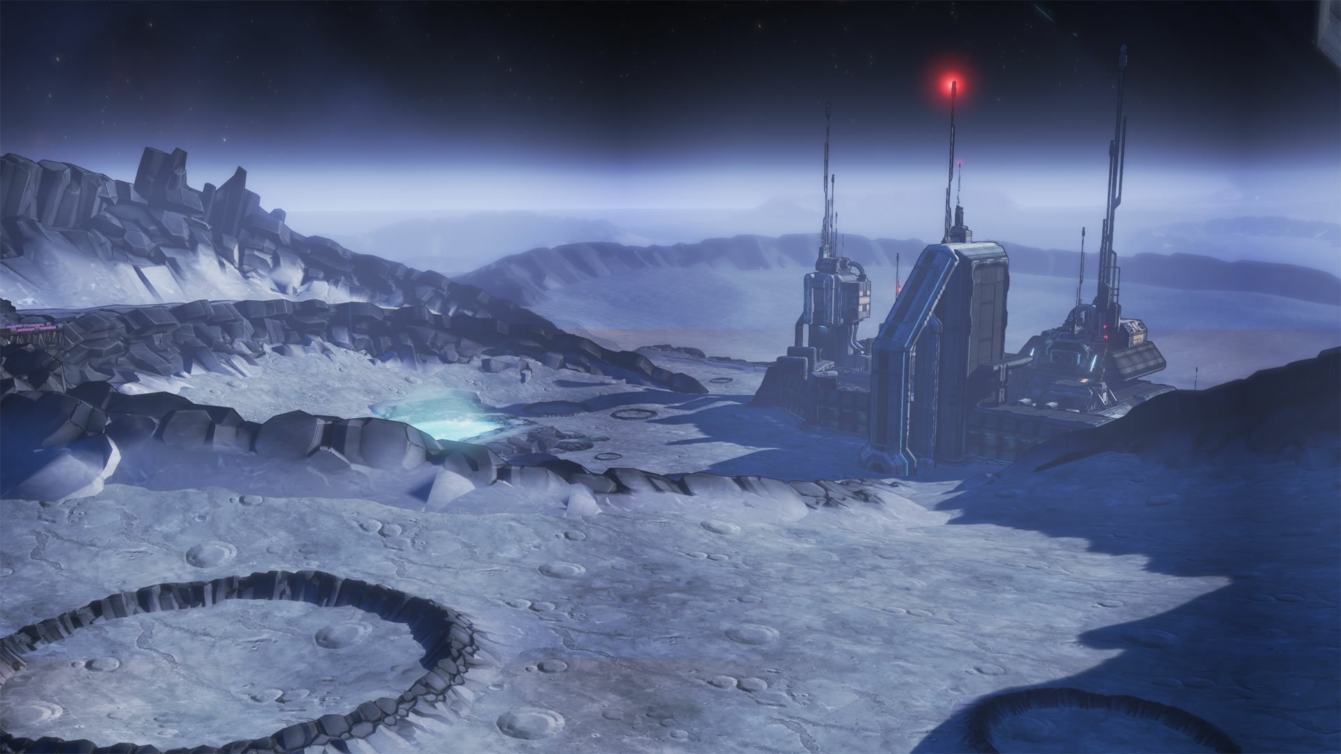 HD PC desktop wallpaper featuring a moon base environment from the video game Borderlands: The Pre-Sequel, showcasing its sci-fi and rugged terrain elements.