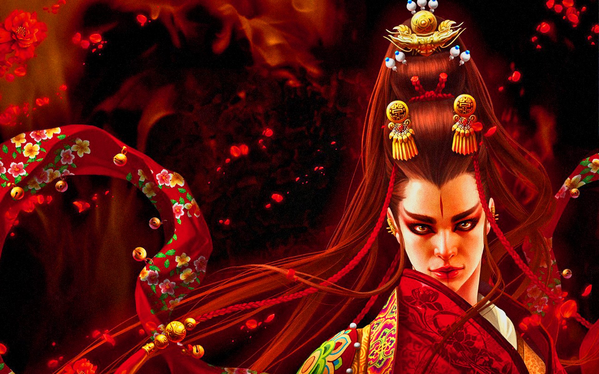 HD fantasy oriental desktop wallpaper featuring a fierce woman in elaborate traditional attire with vibrant red and gold tones and intricate floral patterns.
