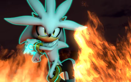 Silver the Hedgehog from the video game Sonic the Hedgehog (2006) striking a dynamic pose amidst flames, featured as a vibrant HD PC desktop wallpaper and background.