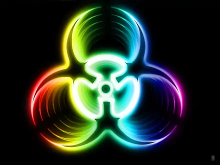 A vibrant sci-fi biohazard symbol glows in neon colors against a black background, creating an eye-catching HD desktop wallpaper and background.