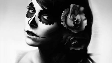Black and white artistic sugar skull portrait with floral accents, captured in high definition for a striking PC desktop wallpaper and background.