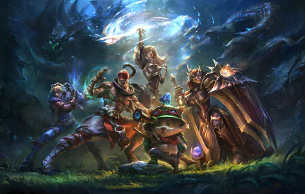 HD desktop wallpaper featuring Teemo, Lee Sin, Leona, Lux, and Ezreal from League of Legends in a vibrant, mystical setting with atmospheric lighting.