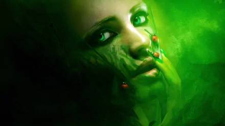 A fantasy-themed HD PC desktop wallpaper featuring a mysterious woman with glowing eyes, her face and hand partially blending into a vivid green mist.