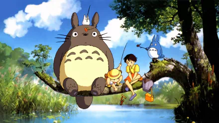 HD desktop wallpaper featuring Totoro, Mini Totoro, Satsuki, and Mei Kusakabe from the anime My Neighbor Totoro sitting on a tree branch.