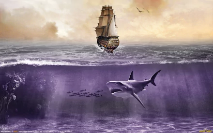 A stunning HD wallpaper featuring a shark swimming beneath the waves, with a majestic ship above on the surface, blending ocean life with maritime adventure.