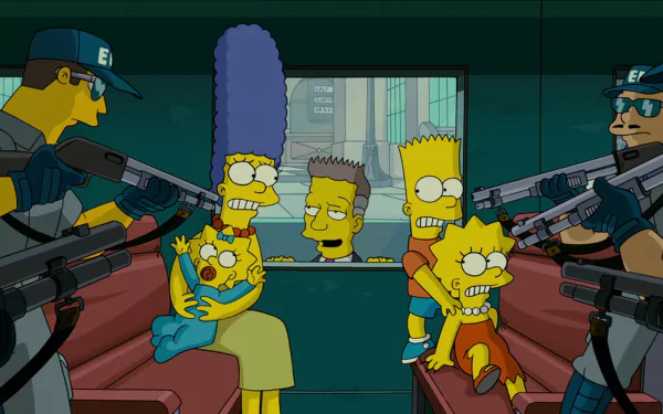 HD PC desktop wallpaper/background from The Simpsons Movie: Marge holding baby Maggie with Bart and Lisa in a car as armed officers point rifles through the windows.