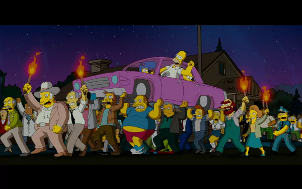 HD PC desktop wallpaper featuring a scene from The Simpsons Movie with characters carrying a car through a nighttime town.