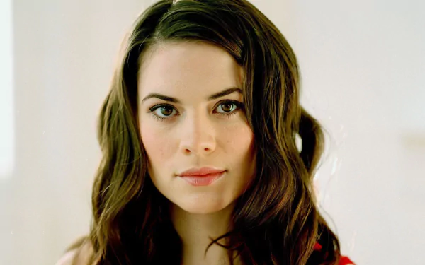 HD desktop wallpaper featuring English actress and celebrity Hayley Atwell with a neutral expression and soft lighting.