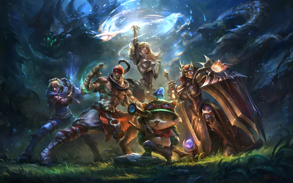 HD desktop wallpaper featuring Teemo, Lee Sin, Leona, Lux, and Ezreal from League of Legends in a vibrant, mystical setting with atmospheric lighting.