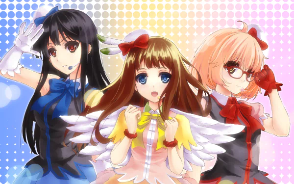 HD desktop wallpaper featuring Ai Shindou, Mitsuki Nase, and Mirai Kuriyama from the anime Beyond the Boundary, depicted with angelic wings against a vibrant background.