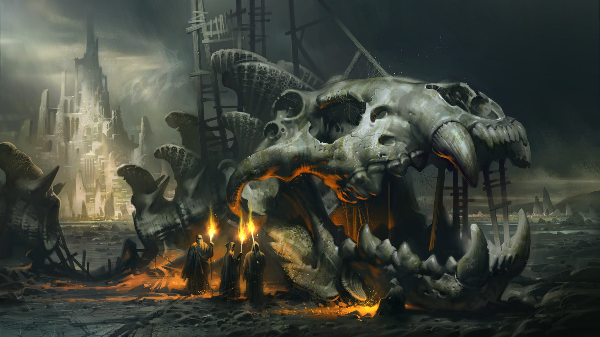 A dramatic HD PC desktop wallpaper featuring a massive dinosaur skull on a barren landscape, with shadowy figures holding torches against a backdrop of eerie ruins and dark skies.