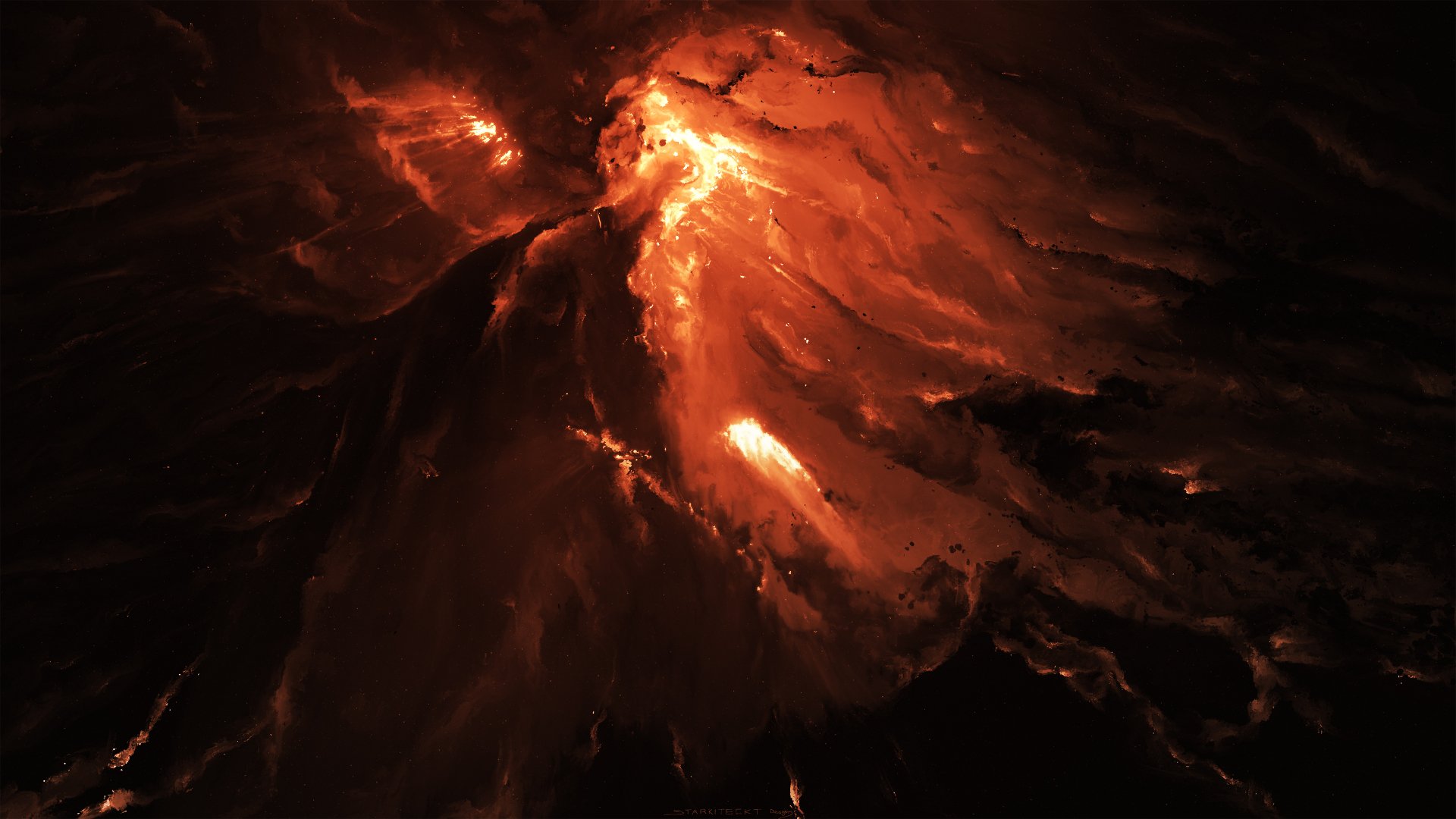 Vivid orange nebula painting in a sci-fi style, showcasing dynamic cosmic elements against a dark backdrop, creating a captivating 4K Ultra HD desktop wallpaper.