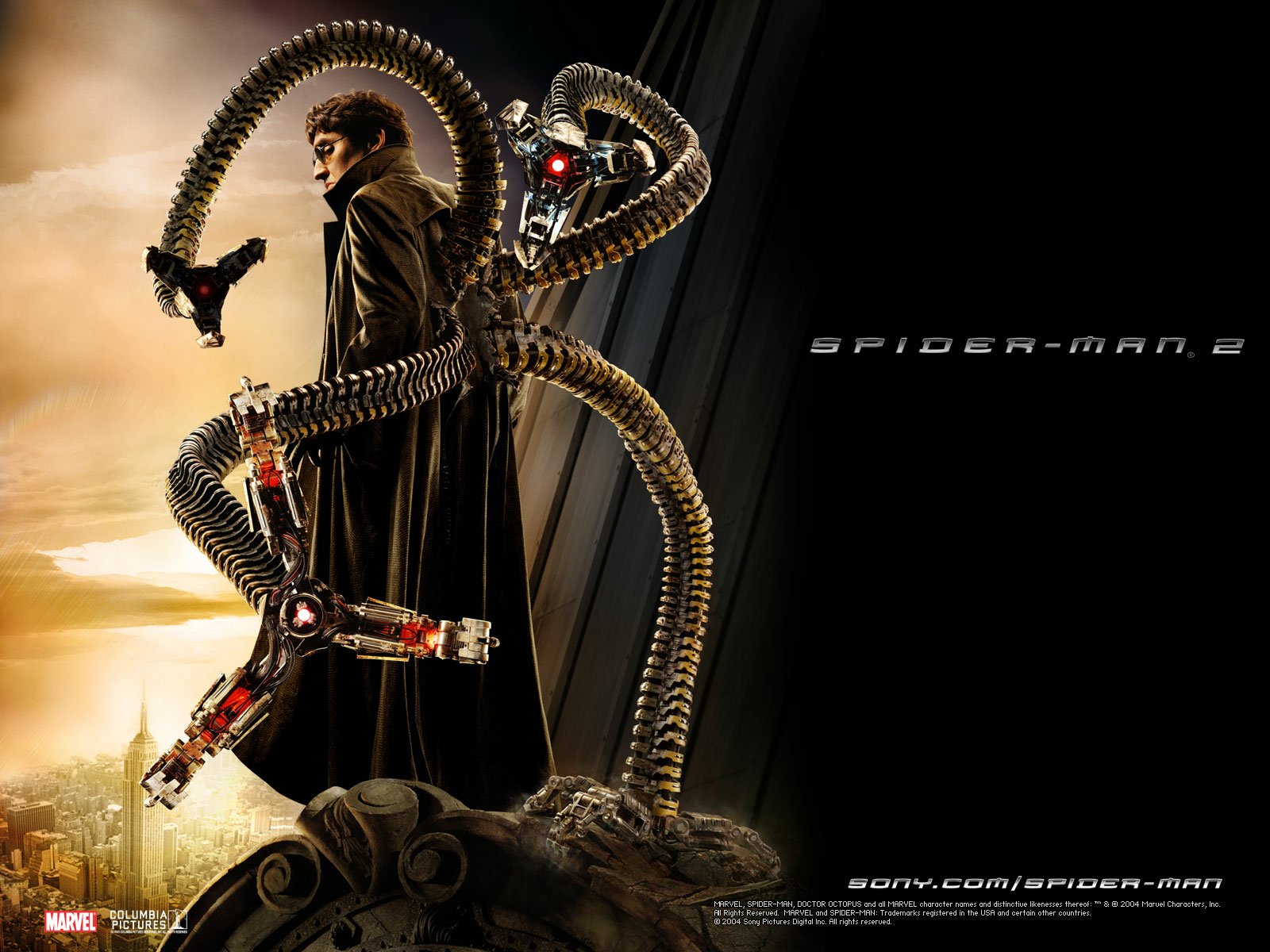 Alfred Molina as Doc Ock in a dramatic scene from Spider-Man 2, featuring his iconic mechanical tentacles against a city skyline backdrop. HD desktop wallpaper and background.