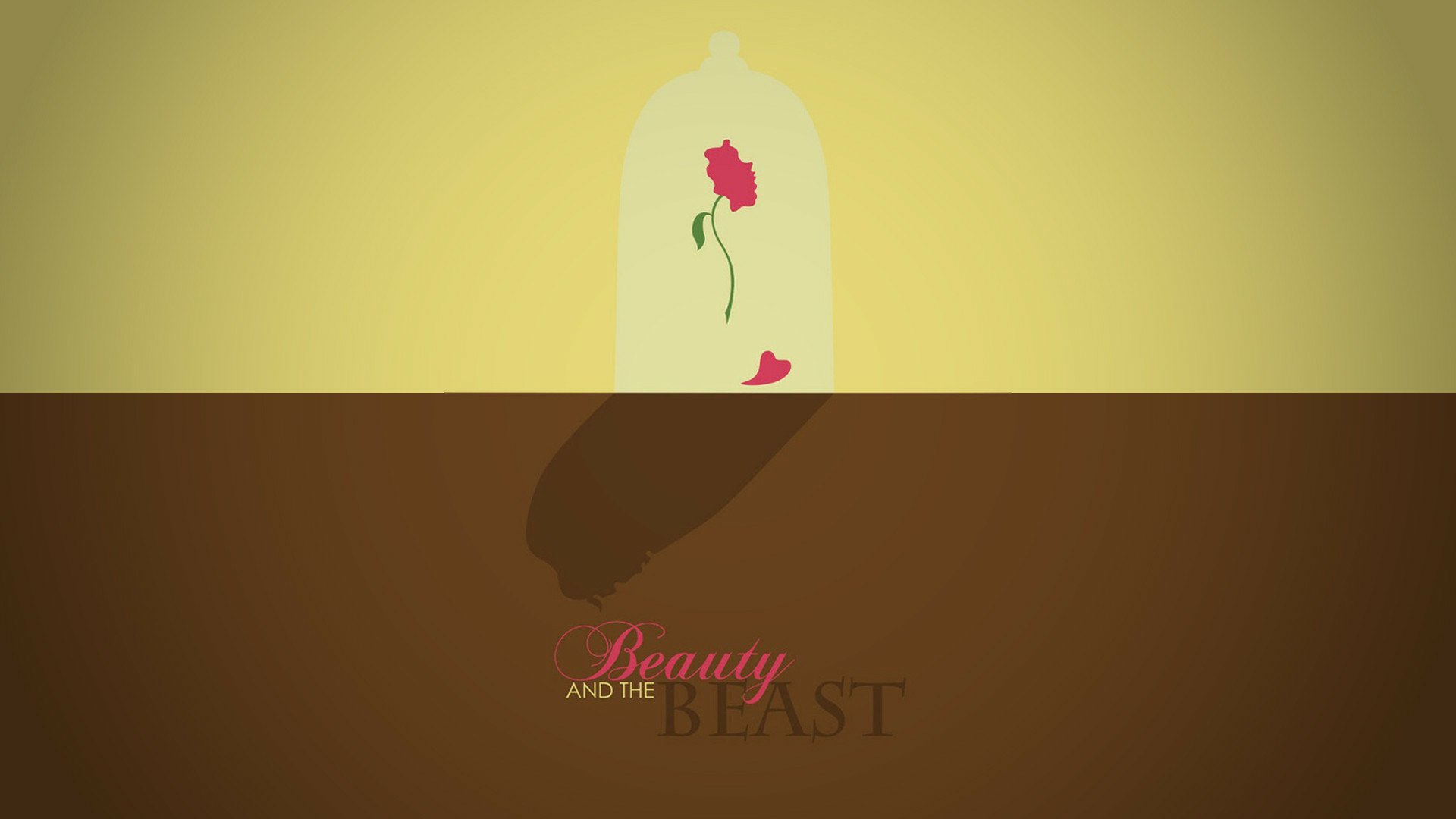 HD PC desktop wallpaper and background for the movie Beauty and the Beast (1991): minimalist image of the enchanted rose under a glass dome casting a long shadow across a brown field with title text.