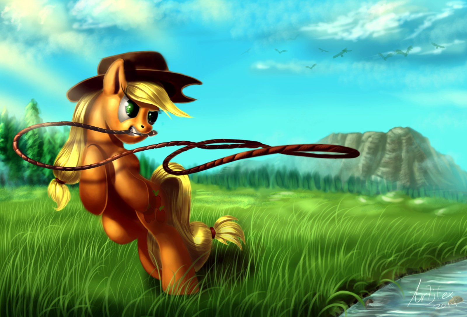 HD PC desktop wallpaper of Applejack from the TV show My Little Pony: Friendship Is Magic, twirling her lasso in a sunlit grassy field beneath a bright blue sky.