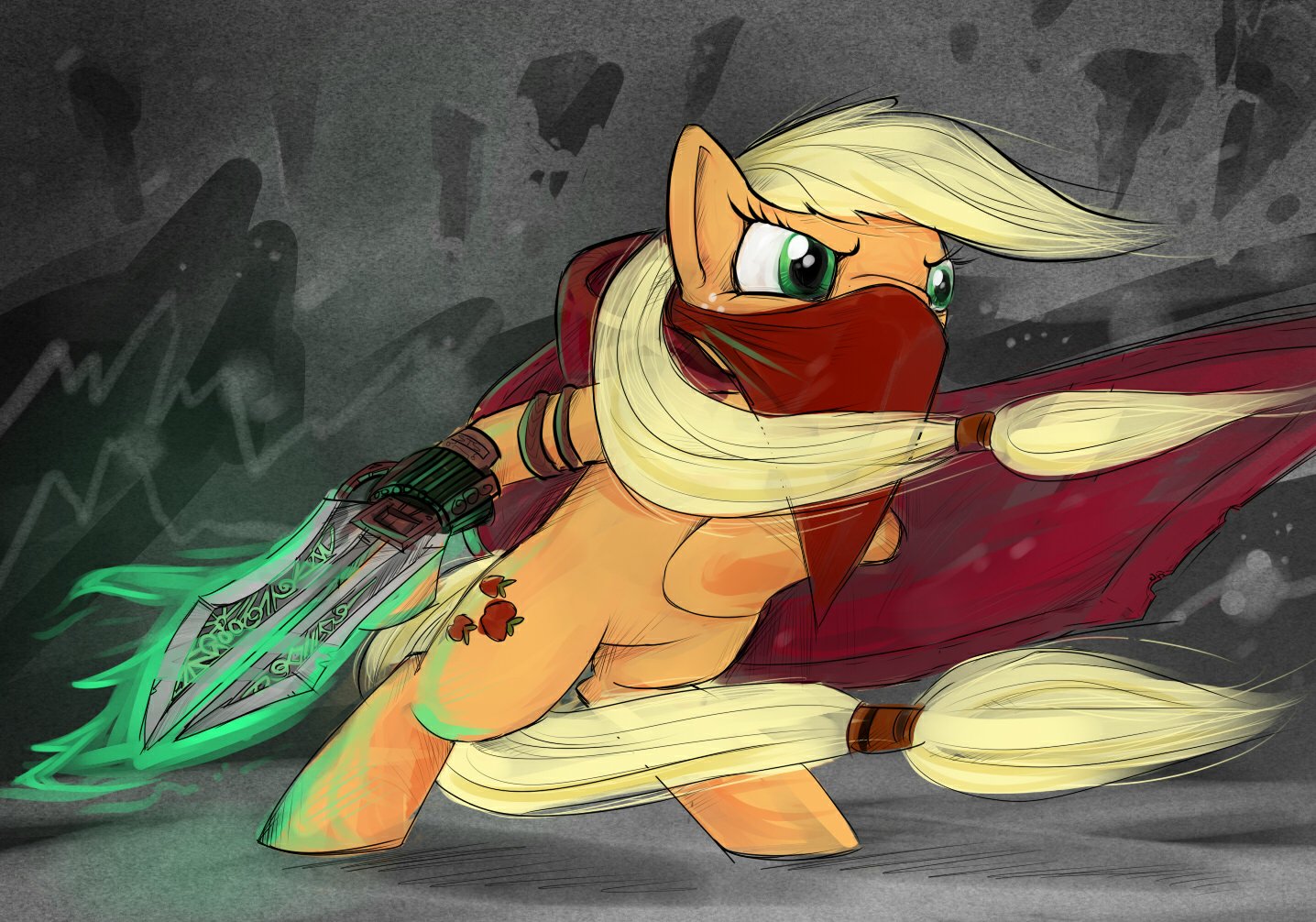 HD PC desktop wallpaper of Applejack (My Little Pony: Friendship Is Magic) as a masked, cloaked warrior with braided mane, brand visible, wielding a glowing green dagger against a stormy backdrop.