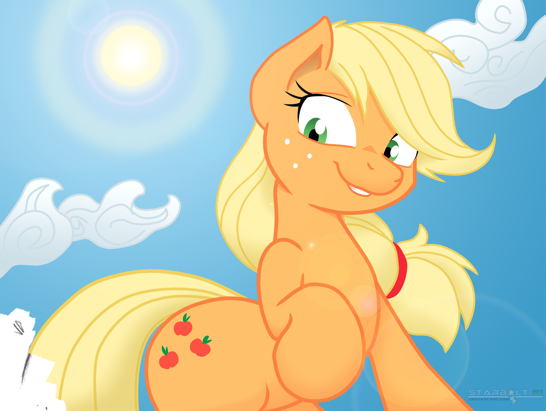 HD desktop wallpaper featuring Applejack from My Little Pony: Friendship Is Magic, set against a bright blue sky with the sun and clouds.