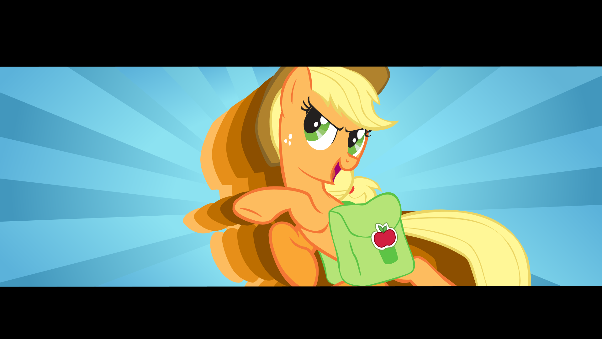 HD desktop wallpaper featuring Applejack from the TV show My Little Pony: Friendship Is Magic, set against a radiant blue background.