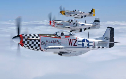 HD wallpaper featuring three North American P-51 Mustang airplanes soaring through a clear blue sky, showcasing their iconic military design from World War II.