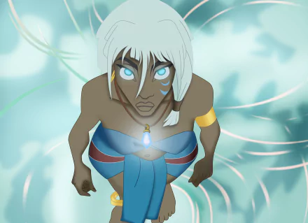 Kida (Atlantis: The Lost Empire) gazes upward with glowing blue eyes and a lit pendant amid swirling aqua light, 4K Ultra HD PC desktop wallpaper/background.
