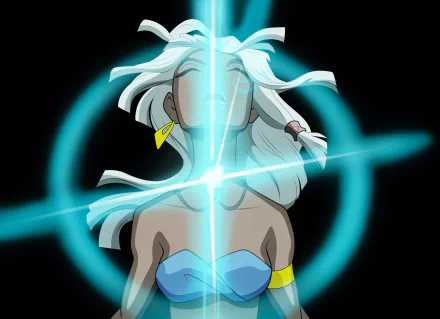 HD desktop wallpaper featuring Kida from the movie Atlantis: The Lost Empire, glowing with blue energy radiating around her in a vibrant, mystical scene.