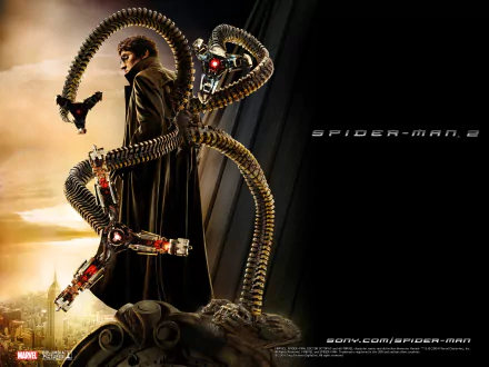 Alfred Molina as Doc Ock in a dramatic scene from Spider-Man 2, featuring his iconic mechanical tentacles against a city skyline backdrop. HD desktop wallpaper and background.