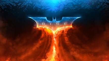 HD PC desktop wallpaper featuring the fiery Batman logo with RISE text from the movie The Dark Knight Rises against a dramatic blue and orange background.