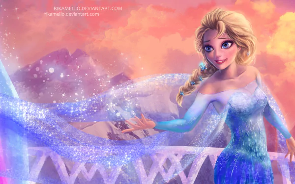 A vibrant 4K Ultra HD wallpaper featuring Elsa from the movie Frozen, showcasing her in a stunning snowy landscape with sparkling ice around her.